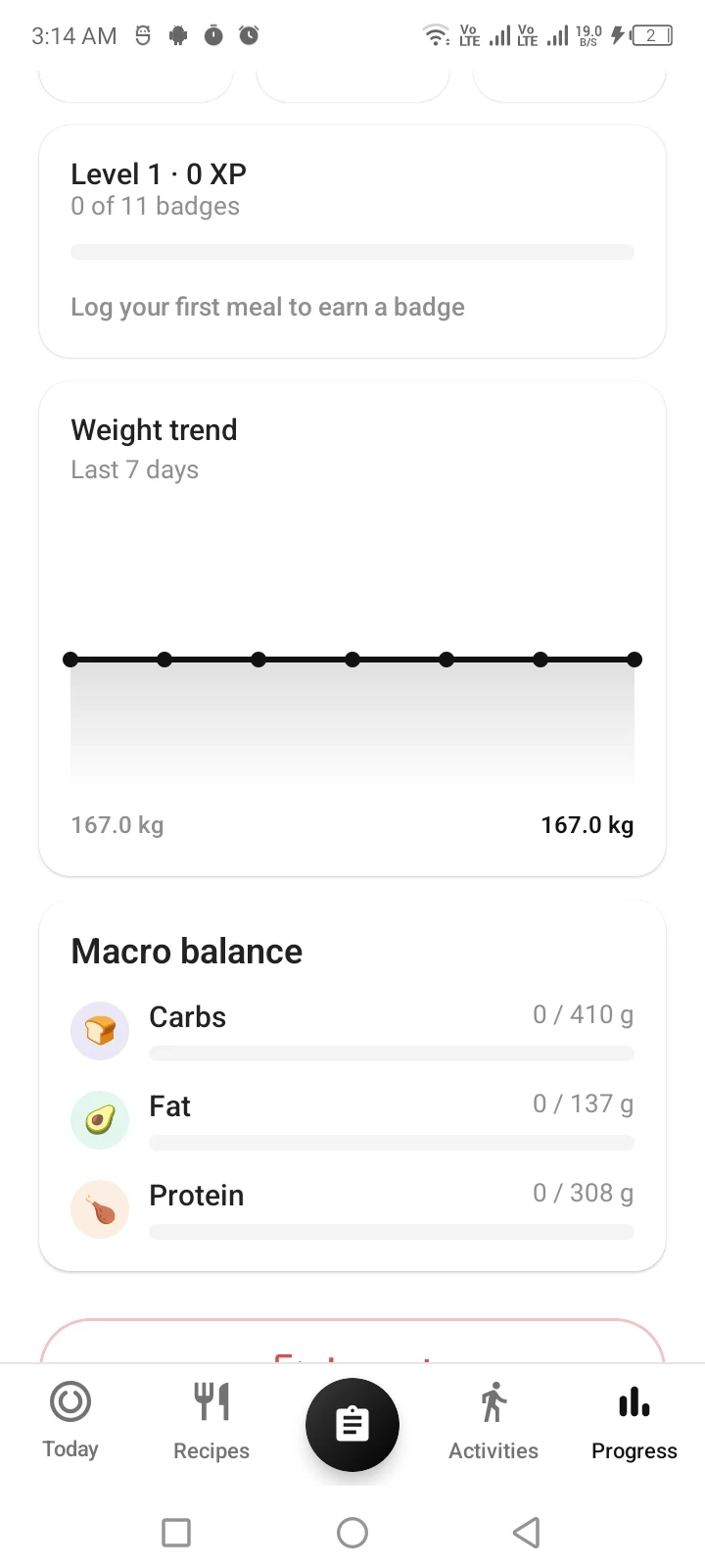 Progress screen showing Level 1, 0 of 11 badges earned, and a seven-day weight trend chart.