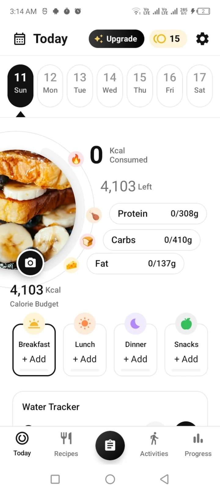 KaloBite's Today screen: a 4,103 kcal calorie budget, 0 consumed, protein, carbs and fat targets, and buttons to add breakfast, lunch, dinner and snacks.